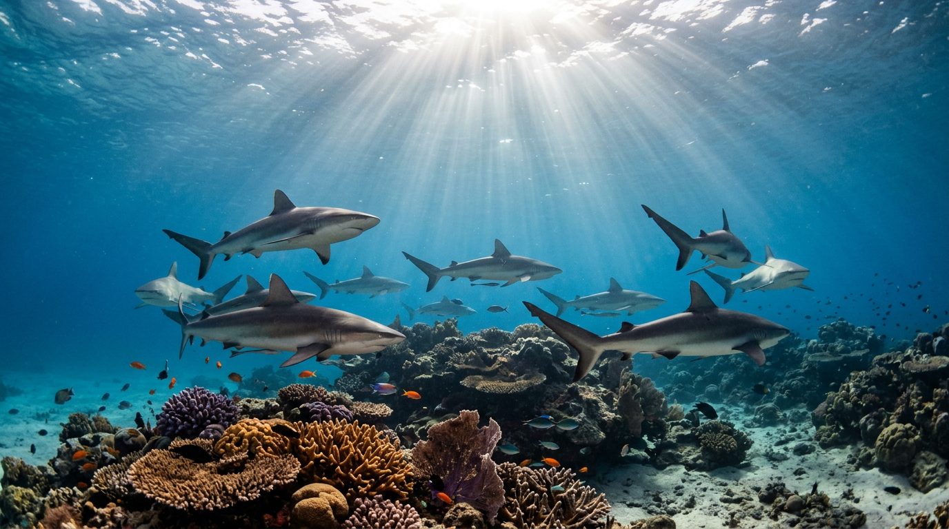 Scuba divers observing sharks at Beqa Lagoon feeding station