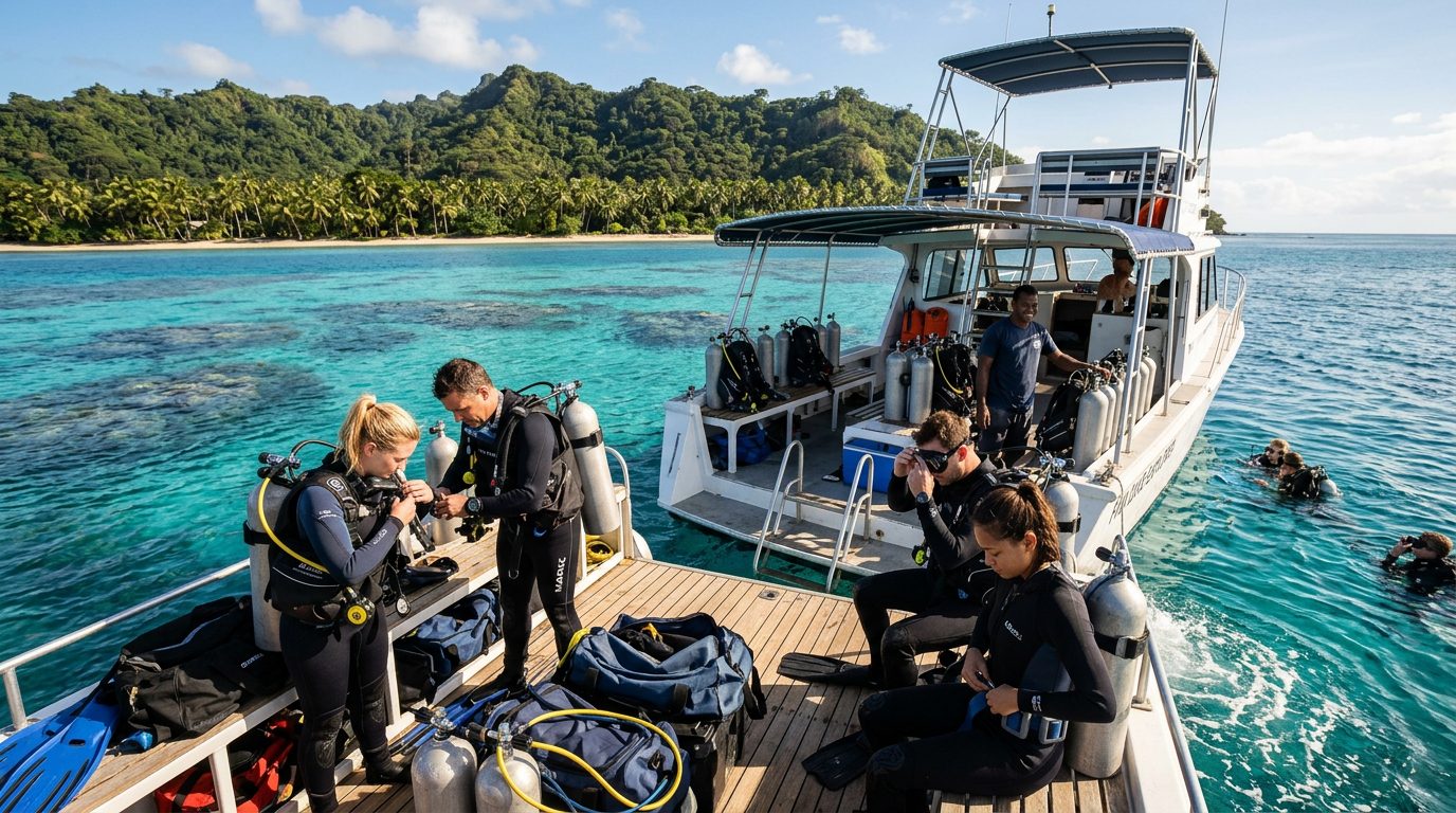 Tiger shark swimming past coral reef in Beqa Lagoon Fiji
