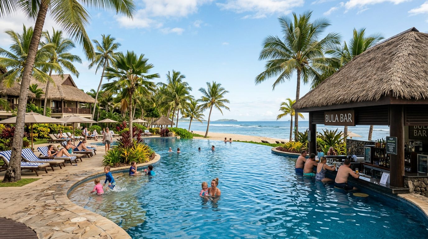 Denarau Golf Course fairway with palm trees and ocean view