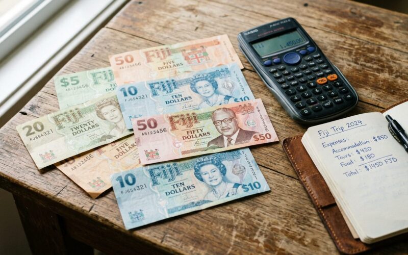 Fijian dollar banknotes with calculator and notebook