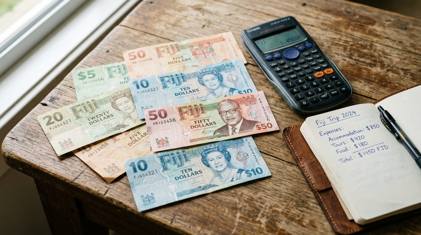 Fijian dollar banknotes with calculator and notebook