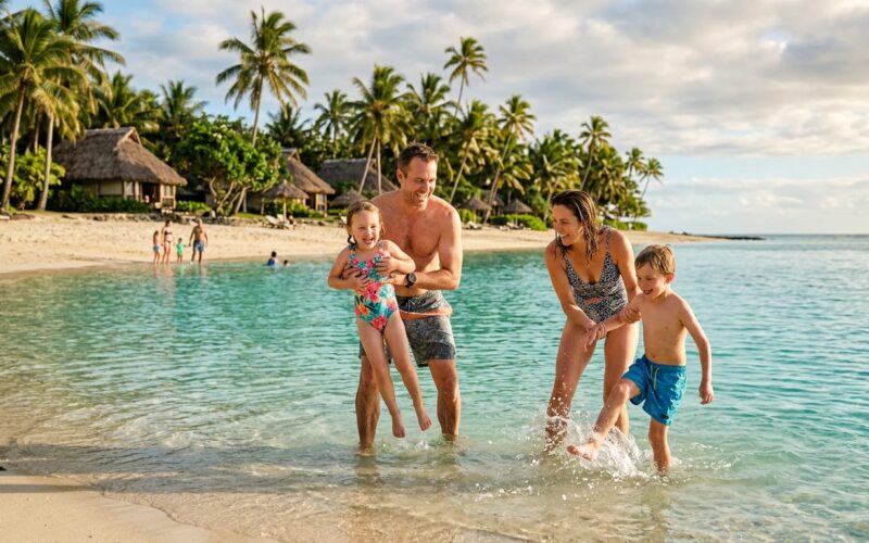 Family with kids at Fiji lagoon