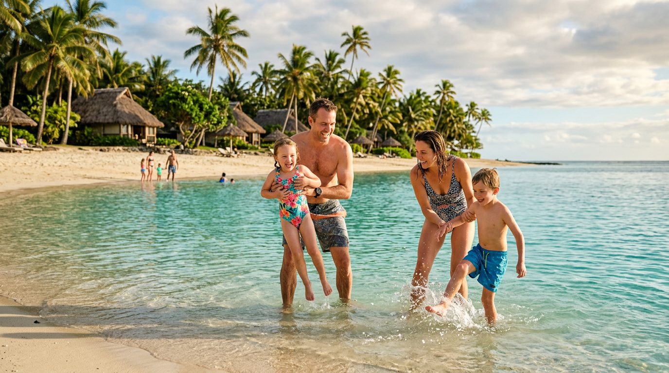 Family with kids playing in Fiji lagoon shallow water