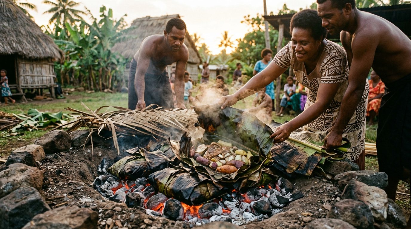 Fijian curry meal with roti and dhal on banana leaf
