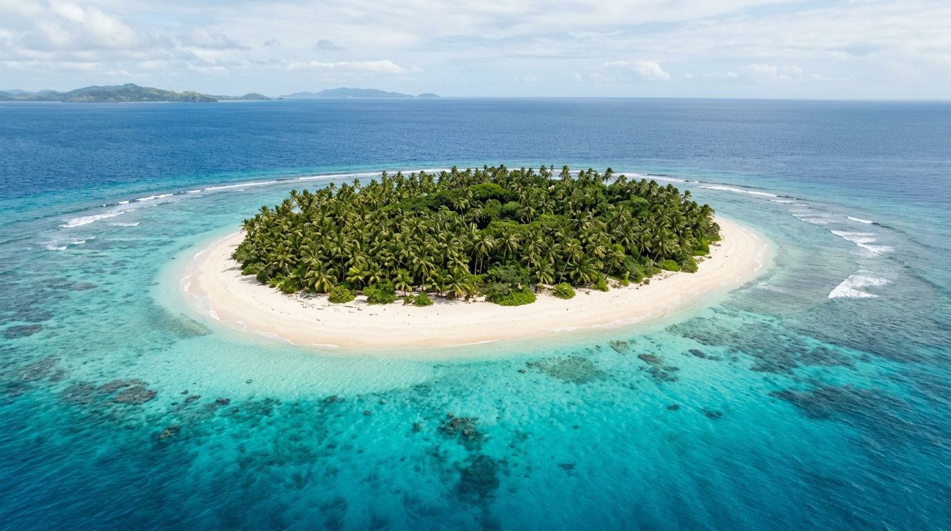 Aerial view of palm-fringed beach and turquoise water on a small Fijian island in the Mamanuca group