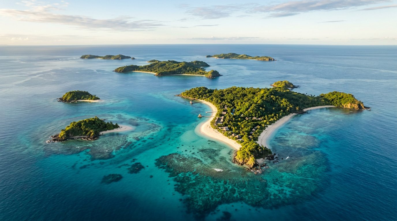 Aerial view of multiple Fijian islands scattered across a turquoise lagoon with reef edges visible