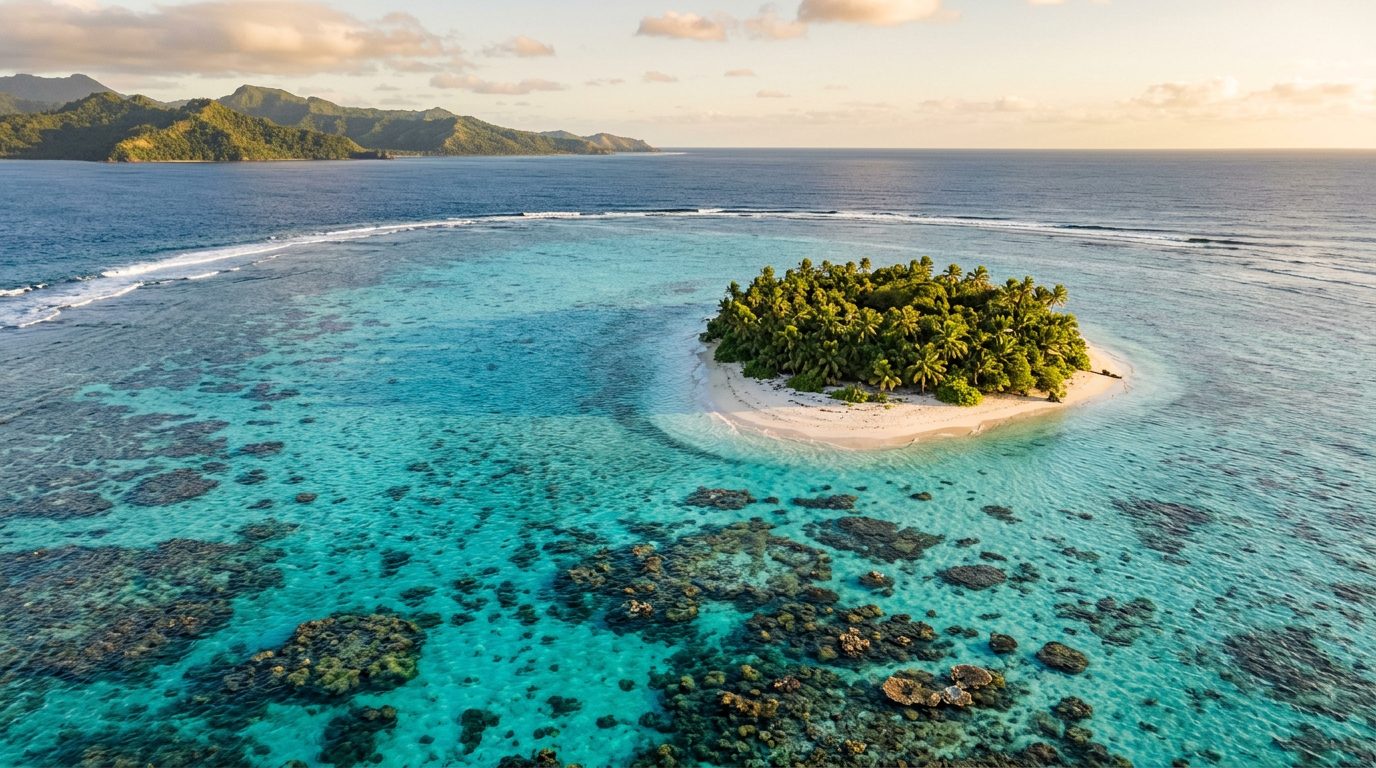The Yasawa Flyer high-speed catamaran approaching a Yasawa island jetty, the main inter-island boat connecting Fiji's western islands