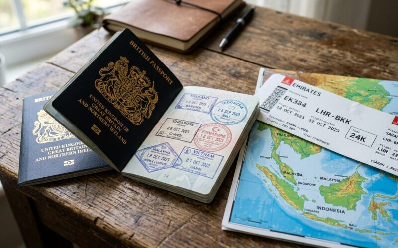 Passport with travel stamps boarding pass tropical map