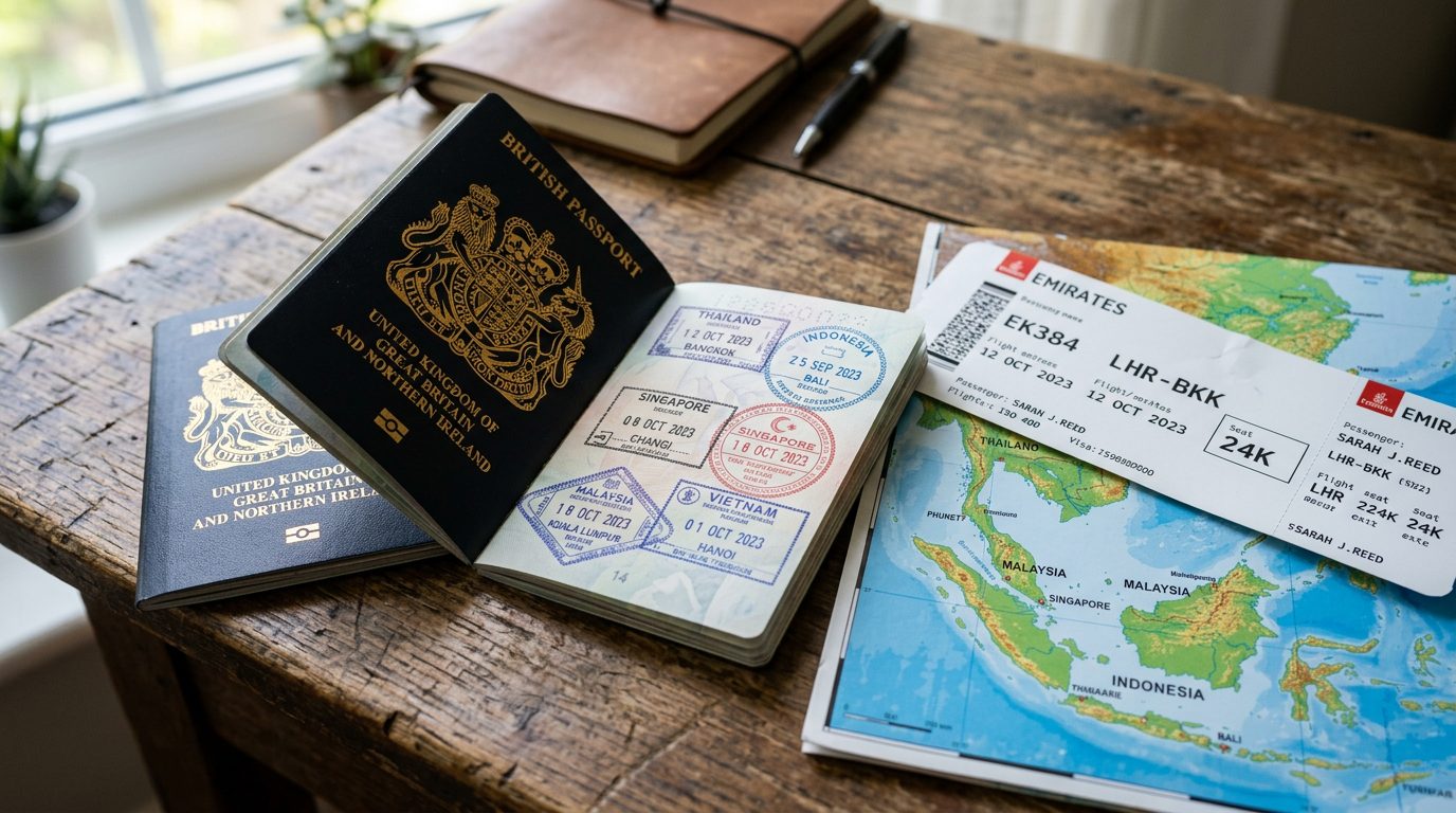 Passport with travel stamps boarding pass tropical map