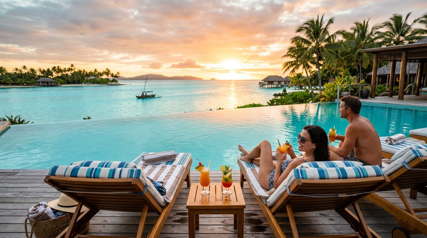 Fiji adults-only resort infinity pool sunset
