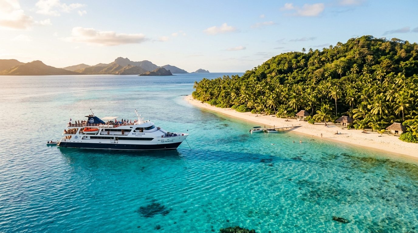 Small cruise ship in Fiji lagoon